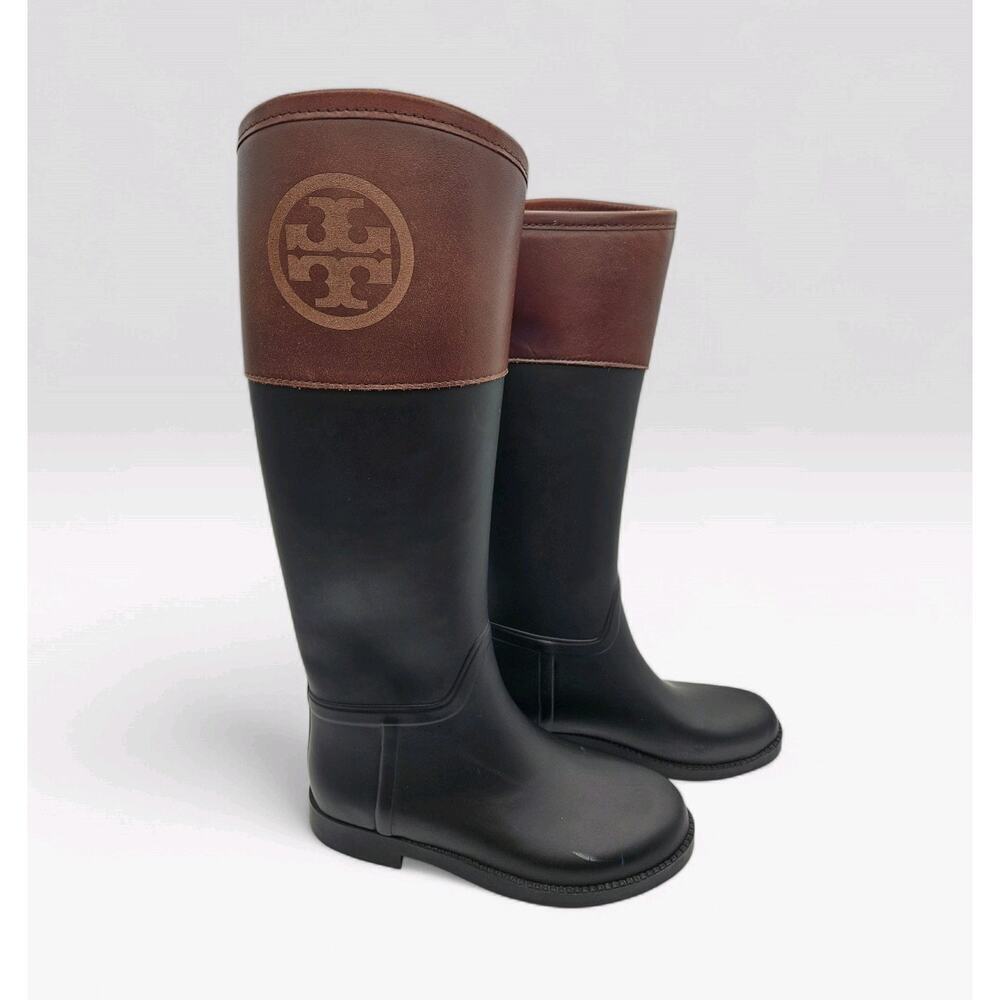 Tory Burch Diana Rain Boot Black Rubber Brown Leather Riding Boots Logo Sz 6 - Picture 6 of 7
